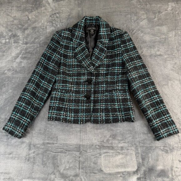 Vintage BRANDON THOMAS Black & Teal Tweed Open Front Jacket Coat Sz 6 Small - Picture 1 of 7